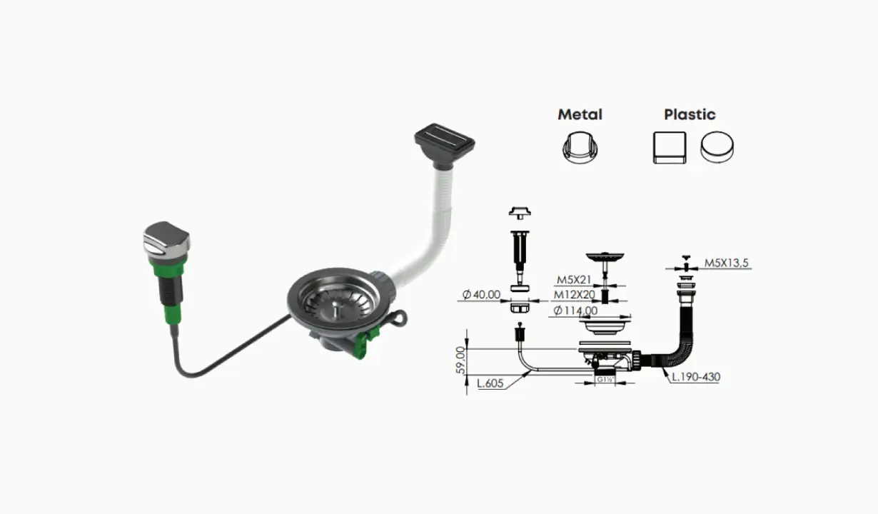 3½ Pop-Up waste with turn-control & rectangular overflowfrom drain